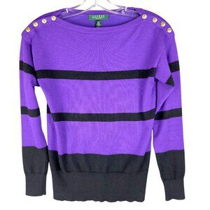 Lauren Ralph Lauren Petite Sweater PXS Purple Striped  Gold Shoulder Buttons